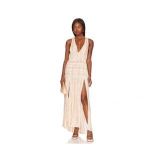 NWOT ✨ L*SPACE Striped Plunge Maxi Dress High Slit Neutral Size S